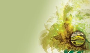 Green background with floral elements and miniature window showing rural hills.