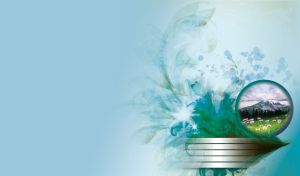 Light blue background with floral elements and window showing mountain scene.