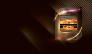 Lake tree in the orange sunset in a brown metal frame against a brown texture