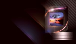 Bare tree in water in a dark purple metal frame on a brown textured background