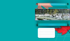 Teal wrapping paper reveals the image of winter river in the white spruce forest