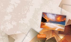 Magical seascape at sunset on a postcard against a brown square design on beige