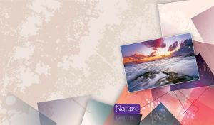 Foamy seascape at dusk on a postcard against purple square design on beige