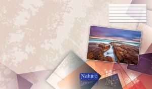 Rocks in the light blue haze on a postcard against purple square design on beige