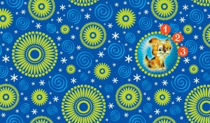 Brown spotted puppy carries a chew bone on ocher seamless pattern wallpaper