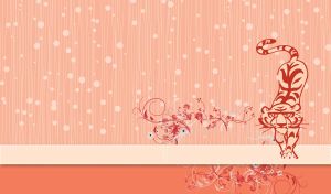 Animated stalking tiger on a pastel red brushed wallpaper with rose patterns