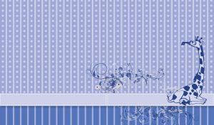 Animated giraffe sits against a pastel blue perforated wallpaper with blue swirl