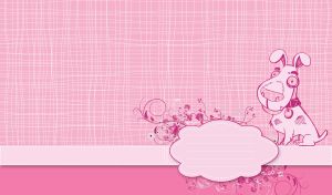 Animated dog sits against a pastel pink brushed wallpaper with purple swirl