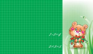 Rosy-cheeked brown cartoon bear holds red tulips on a green checkered pattern