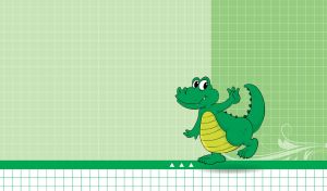 Friendly green crocodile on a pastel green and mint checkered paper background