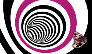 Gold amethyst ring on an abstract black and white tunnel with a pink circle