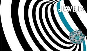 Floral tourmaline brooch on an abstract black and white hat with a blue stripe