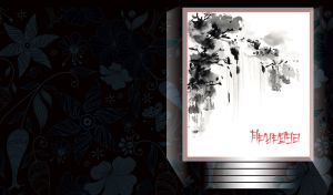 Chinese painting of trees and waterfall in a frame on a floral patterned wallpaper in blue-gray