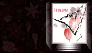 Chinese painting of red fruit in a frame on a floral patterned wallpaper in wine color
