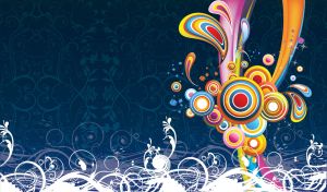 Bursts of multicolor paint and white swirl against a dark blue floral wallpaper