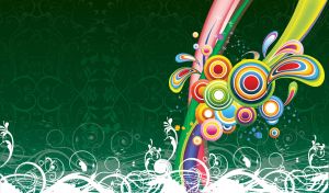 Bursts of multicolor paint and white swirl against a dark green floral wallpaper