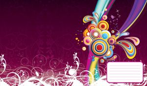 Burst of multicolor paint and white swirl against a dark purple floral wallpaper