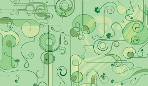Patterns of abstract geometric shapes, lines and swirls on a green backdrop