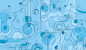 Patterns of abstract geometric shapes, lines and swirls on a pastel blue backdrop