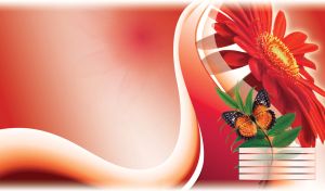 Beautiful red flower with green leaves and butterfly