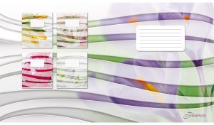 Abstract wavy line pattern on a floral backdrop with violet crocuses on white