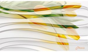 Abstract wavy line pattern on a floral backdrop with yellow tulips on white