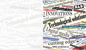 Newspaper style duplex on the topic of technology in pastel white tones