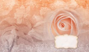 Pastel peach rose merges with an ocher background of translucent floral patterns