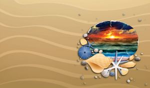 Red sun sinks into the navy blue ocean on a shell against the beige sandy waves