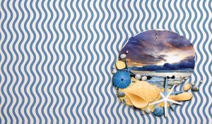 Scattered clouds over the ocean blue on a shell on blue and white wavy stripes