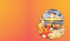 Sun rises over the ocean beach blue on a shell on orange polka dots