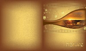 Water drop miniature of a golden dawn over a meadow, river and trees upfront