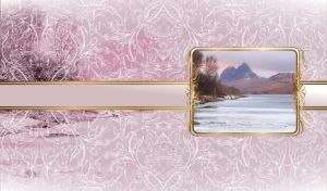 Landscape of a frozen river and rocky mountains in an ornate golden frame