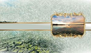 Sailboat in the sunset on rippled water of a harbor in an ornate golden frame