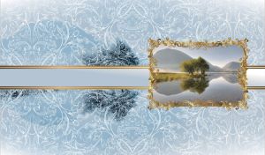 Trees and high mountains reflected in a river in an ornate golden frame