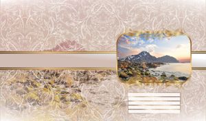 Boulders and mountains on the north seashore in an ornate golden frame