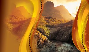 River in mountains during sunset with orange background and wavy lines