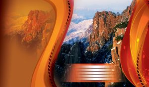 Snow covered rocky mountain tops with orange background and wavy lines