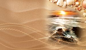 Orange sunset over the sea horizon lights the rocks in the sea foam