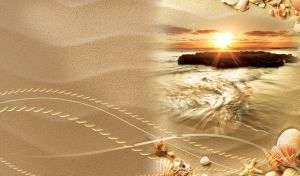 Orange sunset lights over a rocky island in the waves of the sea water