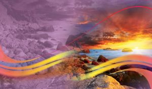 Wavy lines and violet color over rocky beach with warm sunset on ocean horizon.