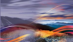 Colorful wavy lines over beautiful mountain landscape with fog at twilight.