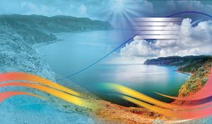 Orange and blue wavy lines over natural landscape with calm coastal bay.