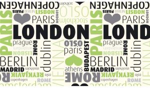 Black and light green EU capitals seamless pattern printed on pastel green