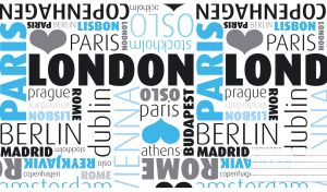 Black and light blue EU capitals seamless pattern printed on a white backdrop