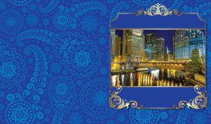 Night city bridge and skyscrapers in a golden swirl frame on a navy background