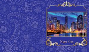 Night city of luminous skyscrapers by the river in a golden swirl frame on navy