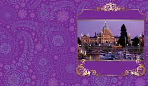 Night city luminous palace on the embankment in a golden swirl frame on purple