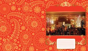 Elevated view of night city's skyscrapers in golden swirl frame on red