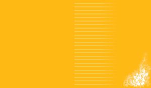 Tapered horizontal white lines on an orange background with floral swirl
